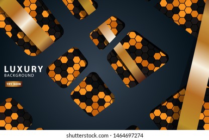 Luxury black overlap layers background. Realistic golden  light effect on textured orange hexagon background.