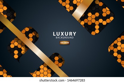Luxury black overlap layers background. Realistic golden  light effect on textured orange hexagon background.