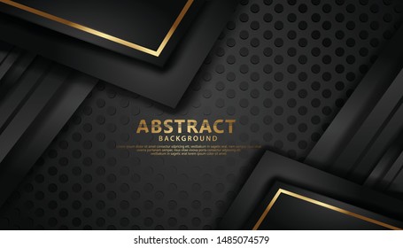 Luxury black overlap layers background with golden line golden effect. Realistic dots on textured dark background