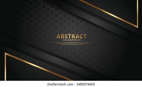 Luxury black overlap layers background with golden line golden effect. Realistic dots on textured dark background