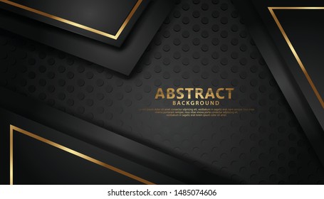 Luxury black overlap layers background with golden line golden effect. Realistic dots on textured dark background