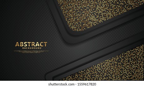 Luxury black overlap layers background with glitters golden effect. Realistic dots on textured dark background