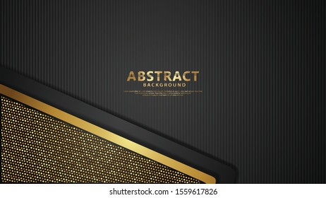 Luxury black overlap layers background with glitters golden effect. Realistic dots on textured dark background