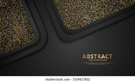 Luxury black overlap layers background with glitters golden effect. Realistic dots on textured dark background