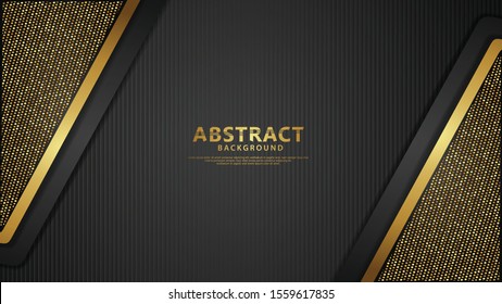 Luxury black overlap layers background with glitters golden effect. Realistic dots on textured dark background