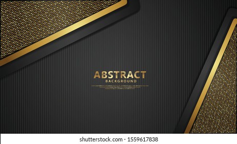 Luxury black overlap layers background with glitters golden effect. Realistic dots on textured dark background