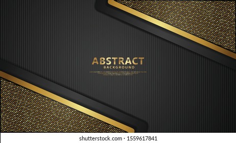 Luxury black overlap layers background with glitters golden effect. Realistic dots on textured dark background