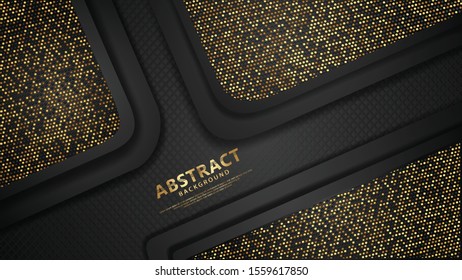 Luxury black overlap layers background with glitters golden effect. Realistic dots on textured dark background