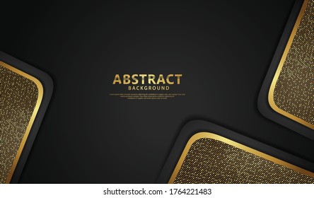 Luxury black overlap layers background with glitters golden effect. Realistic dots on textured dark background. Vector material elements design stock.