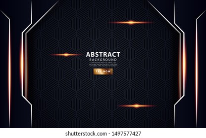 Luxury black overlay layers background. Realistic light effect on textured hexagon background with white line and golden lighting. vector illustration.