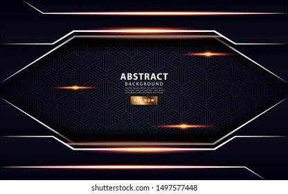 Luxury black overlay layers background. Realistic light effect on textured hexagon background with white line and golden lighting. vector illustration.