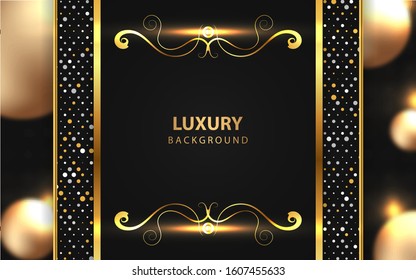 Luxury black paper frame background with golden dots glitters element decoration. Elegant and premium vector design template for use celebration cover, gift card, voucher banner, card, text message