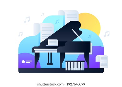 Luxury black piano vector illustration. Musical instrument on stage flat style. Sheet music of famous composition. Concert grand. Hobby concept. Isolated on white background