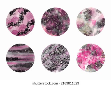 Luxury Black And Pink Circle Frames.  Girlie Background Collection For Instagram Highlights And Social Media  Decoration. Magenta And Shiny Alcohol Ink Designs.