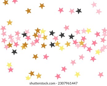 Luxury black pink gold stardust scatter illustration. Many starburst spangles birthday decoration confetti. Wedding star dust background. Spangle confetti explosion.