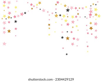 Luxury black pink gold stars falling scatter texture. Many stardust spangles birthday decoration confetti. Isolated stars falling illustration. Sparkle elements explosion.