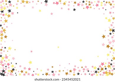 Luxury black pink gold stars falling vector backdrop. Little starburst spangles holiday decoration elements. Cartoon stars falling texture. Sparkle symbols gift decor.