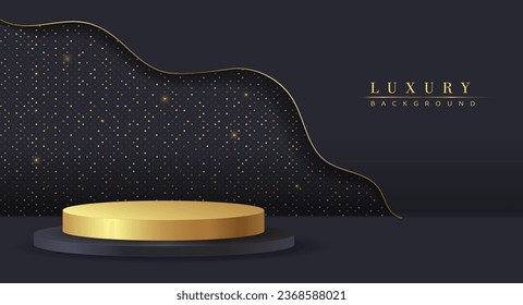 Luxury black podium background concept. Advertising and marketing, electronic commerce. Round gold pedestal and stage for cosmetic products. Realistic isometric vector illustration