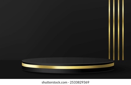 Luxury black podium with golden stripe detail on dark background. Minimal circular product display platform of premium quality with vertical gold metal lines for presentation and merchandise showcase.