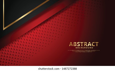 Luxury black and red overlap layers background with golden line effect. Realistic halftone dots on textured dark background