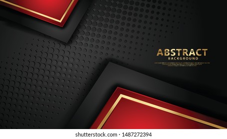 Luxury black and red overlap layers background with golden line effect. Realistic halftone dots on textured dark background
