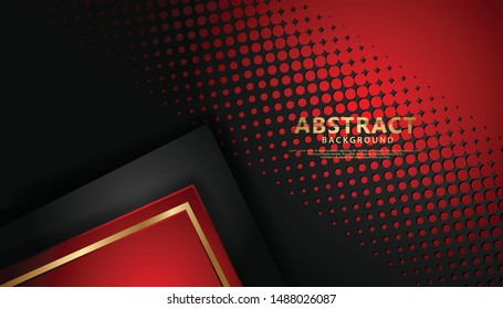 Luxury black and red overlap layers background with golden line effect. Realistic halftone dots on textured dark background