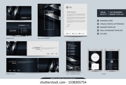 Luxury black silver stationery mock up set and visual brand identity with abstract overlap layers background . Vector illustration mock up for branding, cover, card, product, event, banner, website. 