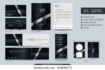 Luxury black silver stationery mock up set and visual brand identity with abstract overlap layers background . Vector illustration mock up for branding, cover, card, product, event, banner, website. 