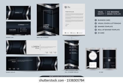 Luxury black silver stationery mock up set and visual brand identity with abstract overlap layers background . Vector illustration mock up for branding, cover, card, product, event, banner, website. 