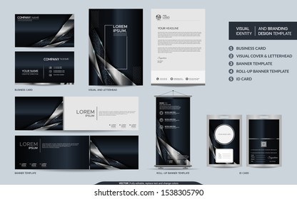 Luxury black silver stationery mock up set and visual brand identity with abstract overlap layers background . Vector illustration mock up for branding, cover, card, product, event, banner, website. 