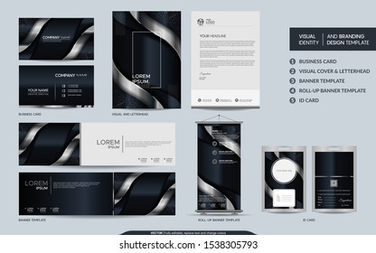 Luxury black silver stationery mock up set and visual brand identity with abstract overlap layers background . Vector illustration mock up for branding, cover, card, product, event, banner, website. 
