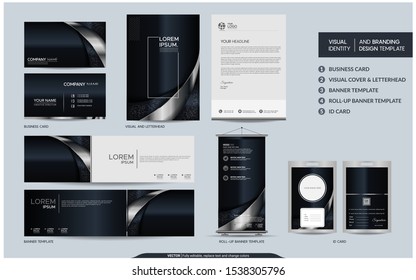 Luxury black silver stationery mock up set and visual brand identity with abstract overlap layers background . Vector illustration mock up for branding, cover, card, product, event, banner, website. 