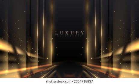 Luxury black stage background with gold light effects decorations and bokeh.