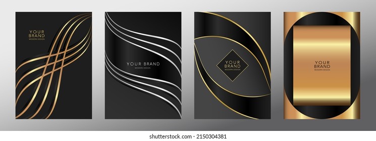 Luxury black stripe cover design set with creative gold dynamic diagonal line pattern. Modern formal vector background for business brochure, premium poster, notebook, menu template 