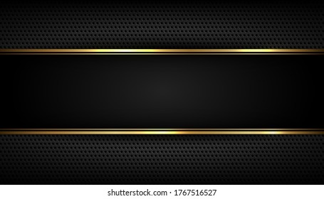 Luxury black stripe with gold border on the abstract dark metal frame background. VIP invitation banner. Premium and elegant. Vector illustration.