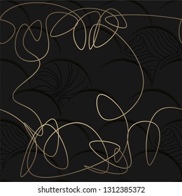 Luxury Black tiled pattern with decorative hand drawn elements of pink-golden color design. Seamless. Vector. 