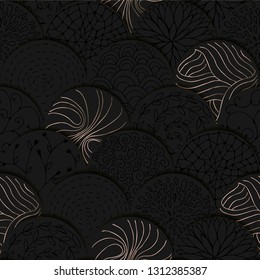 Luxury Black tiled pattern with decorative hand drawn elements of pink-golden color design. Seamless. Vector. 