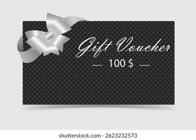 Luxury black voucher with silver ribbon and 100$ value, ideal for upscale sales and special deals.