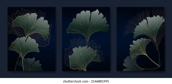 Luxury black and white art background with golden and green gingko leaves with line style. Stylish botanical design with lines for the interior.	
