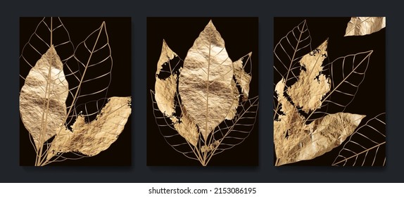 Luxury black and white art background with golden leaves. Botanical poster with watercolor leaves in art line style for decor, design, wallpaper, packaging	
