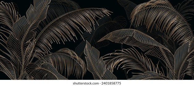 Luxury black and white art background with tropical palm leaves in golden line art style. Botanical banner with exotic plants for decoration, print, textile, wallpaper, interior design.