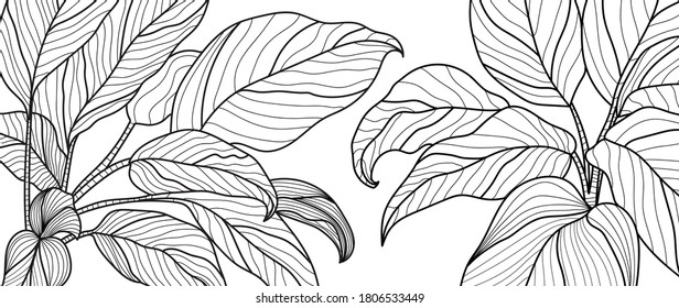 Luxury black and white art deco wallpaper. Nature background  with  with compositions of hand drawn tropical flowers, Plants, paradise bouquet. Vector illustration.