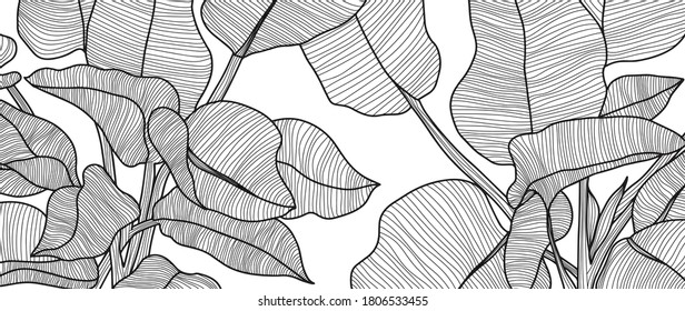 Luxury black and white art deco wallpaper. Nature background  with  with compositions of hand drawn tropical flowers, Plants, paradise bouquet. Vector illustration.