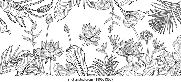 Luxury black and white  art deco wallpaper. lotus  background vector. Floral pattern with  tropical flowers,monstera plant, Jungle plants line art on white background. 
