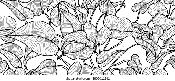 Luxury black and white art deco wallpaper. Nature background  with  with compositions of hand drawn tropical flowers, Plants, paradise bouquet. Vector illustration.