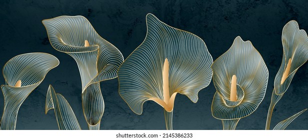 Luxury black and white background with calla flowers in blue and gold colors in line art style. Botanical poster with watercolor leaves in art line style for decor, design, wallpaper, packaging