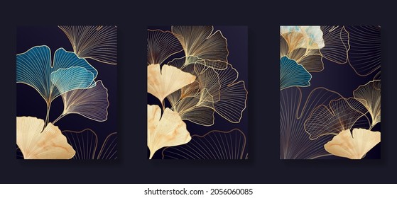 Luxury Black And White Background With Golden Ginkgo Leaves. Stylish Botanical Design With Lines For The Interior.