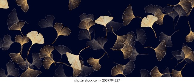 Luxury black and white background with golden ginkgo leaves. Botanical drawing for an interior in an oriental style.