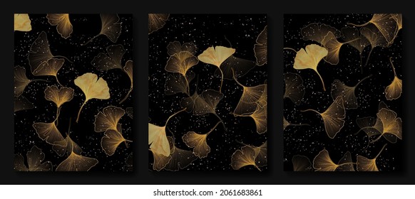 Luxury black and white background with golden ginkgo leaves with stars on the background. Stylish botanical poster design for decoration.