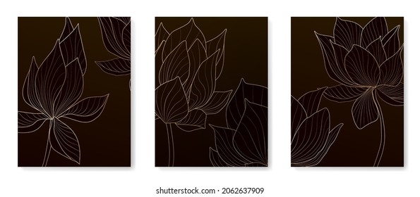 Luxury black and white background with golden lotus flowers. Artistic botanical design for print and decor
